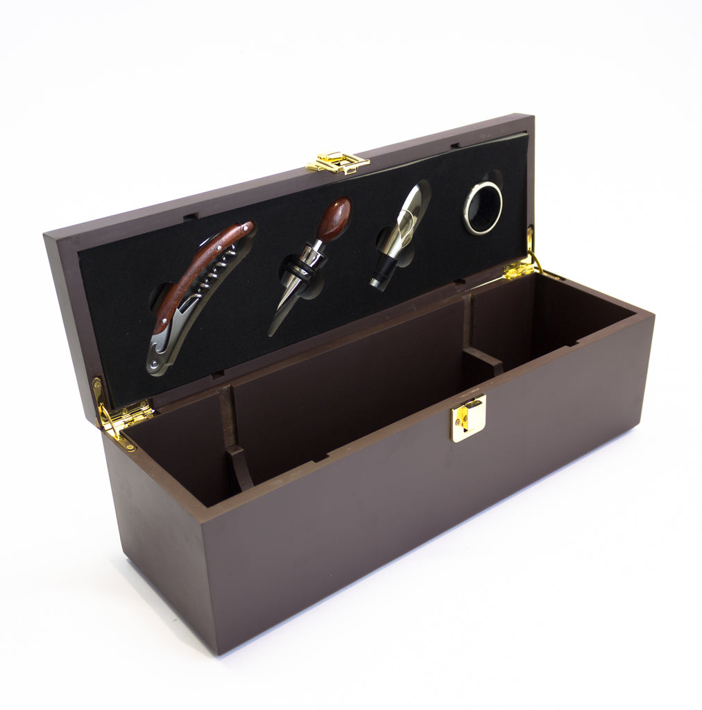 ESTUCHE MADERA CHOCOLATE CUATRO ACCESORIOS